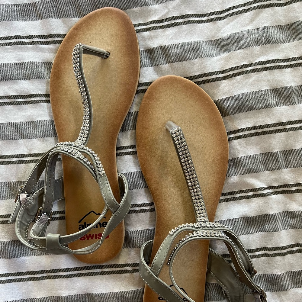 Alpine Swiss Womens Gray Slingback T-Strap Rhinestone Thong Sandals
